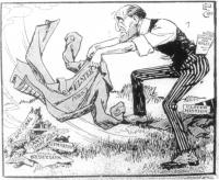 Sir Edward Carson(vigorously fanning sparks):They liken my conduct to the mad suffragettes', do they? Sure I wish I could make a fire blaze as they can anyway!(votes for Women, June 1913)