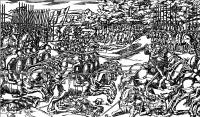 'Sir Henry Sidney's army in battle with an Irish force'-in the background mail-armoured gallowglasses flee into the woods to escape the withering fire of arquebusiers - from John Derricke, The image of Irelande(1581) 