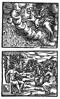 Woodcuts first published in Milan(1626) in the Compendium Maleficarum. Above: Natural disasters were blamed on witches - this shows a witch, riding a great beast through the sky, causing a rain of fire to descend. Below: at the Devil's court.