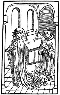 Devil and Woman. Late 15th century woodcut shows a woman leaving the altar with a demon riding the tail of her cloak.