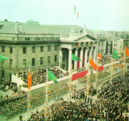 The military parade passes the GPO on Easter Sunday, 10 April 1966. (Cuimhneachán 1916â€“1966)