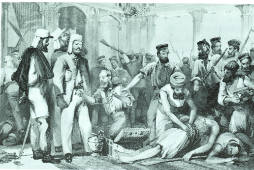 Russell reported on the Indian ‘Mutiny'; here (in checked coat) he looks on at the sacking of Kaiser Bagh, March 1858.