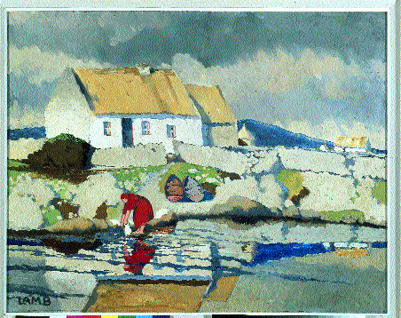 Charles Lamb's Loch an Mhuilinn [The Mill Lake] (c. 1930) depicts a small lake in Carraroe where the artist used to fish from his boat. This is a fine example of Lamb's attempt to convey the dignity that he respected in the daily lives of the hard-working Connemara people. Uniquely among western painters, he spent his life in Connemara.
