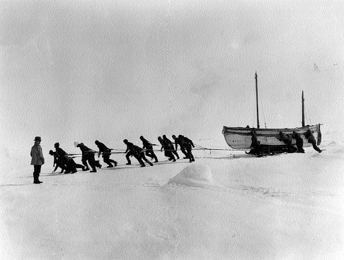 After Endurance sank, the explorers had to drag their lifeboat, James Caird, across the ice to the open sea. (Scott Polar Research Institute, Cambridge)