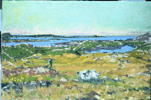 Maurice MacGonigal's Early morning Connemara (c. 1965) looks out on Mannin Bay, where the artist spent a lot of time in the 1960s, and shows his ability to use a rapid technique of painting to capture the immediacy of the scene.