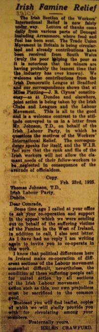 Helen Crawfurd’s appeal, published in Larkin’s Irish Worker, to Irish Labour Party leader Thomas Johnson (left) to join WIR in its relief work. Johnson refused, comparing its activity to the ‘souperism’ of Famine times.