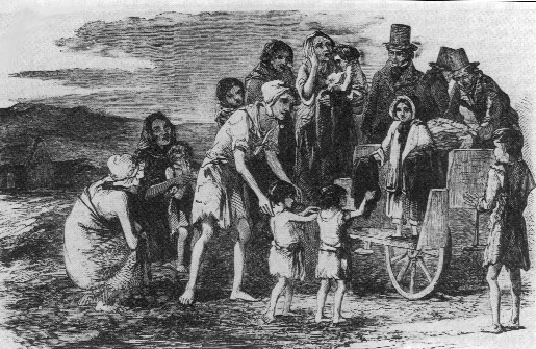 Miss Kennedy, seven-year-old daughter of Capt. Kennedy, Poor Law inspector of the Kilrush Union, distributing clothing to the destitute of the area. (Illustrated London News, 22 December 1849)