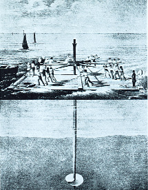 The pile was placed upright through an opening cut through a raft and screwed down by men using a capstan keyed onto the pile.