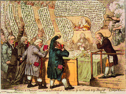 Leading Whigs, led by Charles J. Fox (left), give character evidence at the trial of Arthur O'Connor (right) in James Gillray's vicious caricature. (British Museum)
