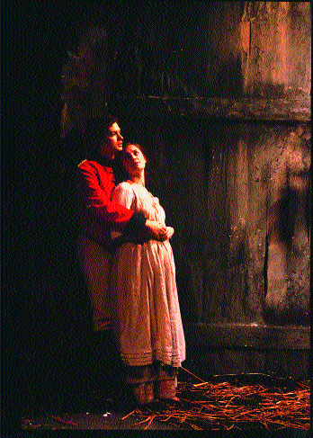 Yolland (Damien Matthews) embraces Máire (Fiona McGeown) in the Abbey Theatre's 2000 production of Brian Friel's Translations. (Tom Lawlor)