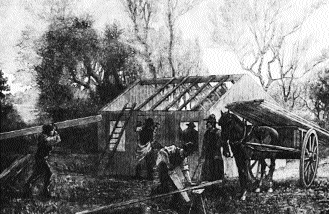 Building a Ladies' Land League hut. (Illustrated London News, 10 December 1881)