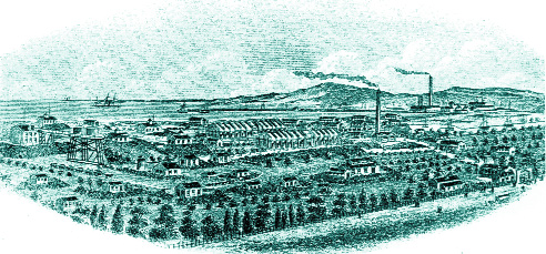 Seaward view of the factory. Note that many of the smaller buildings in the foreground are ringed by mounds of sand to protect surrounding buildings in the event of an explosion. (Under five flags: the story of Kynoch works 1862â€“1962) 