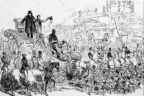 O'Connell, standing on his ‘triumphal chariot', celebrates his release from prison on Saturday, 6 September 1844. In fact he had been released the previous evening.