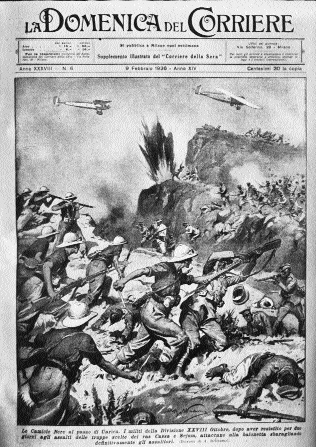 Domenica del Corriere, weekend supplement of the Italian newspaper Corriere della Sera depicting Italian Blackshirts in action Ethiopian forces, January 1936.