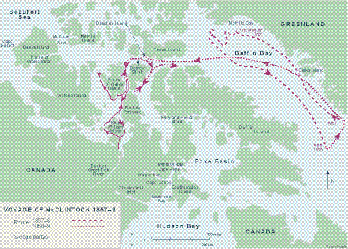 The route of the Fox between 1857 and 1859. Caught in the ice in Baffin Bay for nearly a year, the tiny ship was then swept southwards. McClintock and other land parties later headed west and explored King William Island, discovering traces of the missing Franklin expedition. (Sarah Gearty)