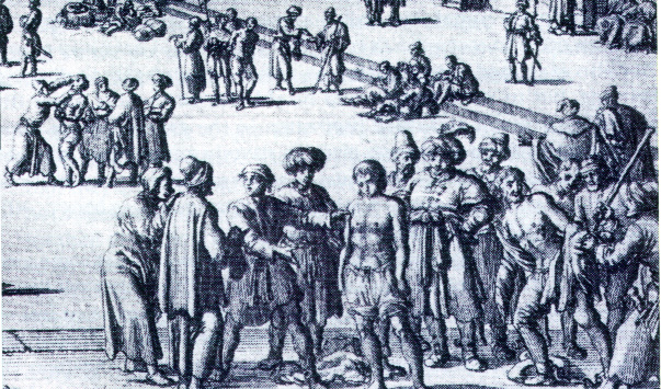 Engraving of a Moorish slave auction from Pierre Dan's Historie van Barbaryan en des zelfs Zee-Roovers (Amsterdam, 1684). There they were paraded, chained and nearly naked, while prospective buyers inspected the merchandise.
