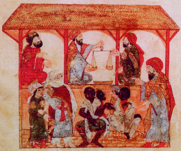 A slave market in Zabid, Yemen, 1237. The actual sale price achieved depended on the abilities of the individual, plus an estimation of how high a ransom could be demanded for them. (Topkapi Saray Museum)