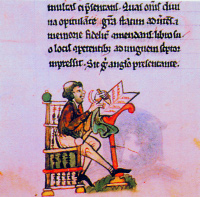 A scribe as represented in Topographia Hiberniae. (National Library of Ireland)
