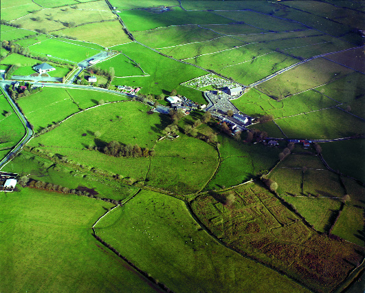 Mayo Abbey-remnants of a large enclosure (dotted line) of over 400 metres diameter are still visible. (Gerry Bracken)