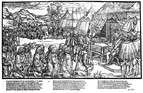 Sir Henry Sidney taking the submission of Turlough O'Neill. This woodcut from John Derrick's Image of Irelande shows the parphernalia of state being displayed on vice-regal progress to impress the natives.