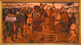 Brian Boru, high king of Ireland, blesses his troops before the Battle of Clontarf, 1014—one of James Ward’s early twentieth-century frescos in Dublin’s City Hall. (Dublin City Council)