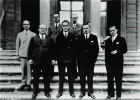 At the League of Nations, Geneva, 1931 (left to right, front row): Minister for Education J.M. O’Sullivan, Attorney-General John A. Costello and John Hearne, legal adviser to the Department of External Affairs. The original draft was largely Hearne’s work. 
