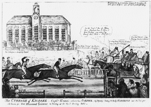 Capt. Robert Gore's ‘Oakstick' wins the One Thousand Guineas at the Curragh in 1815. The Standhouse in the background, built before 1777, was to be used as a social centre for the military for many years. (National Library of Ireland)