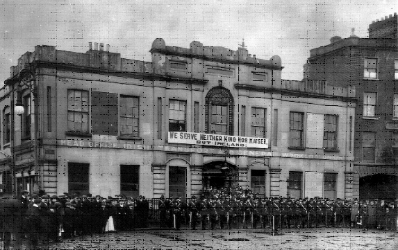 A contingent of the Irish Citizen Army parades (with Howth rifles) outside Liberty Hall in September 1914. The ICA participated in the Howth gun-running and kept some of the rifles, even though they were paid for by the other organisation, the Irish Volunteers. (George Morrison)