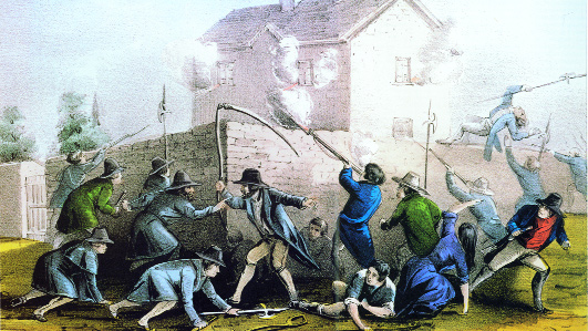 The attack on the Widow McCormack's house on Boulagh Common, Ballingarry, County Tipperary, 29 July 1848. (Currier and Ives)