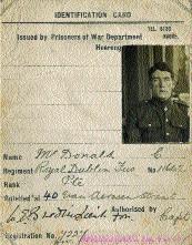 Pte Christopher McDonald, a gardener’s assistant from Rathfarnham, Co. Dublin, spent most of the war in a German POW camp.
