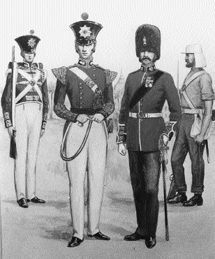Uniforms of the regiments which were forerunners of the Royal Munster Fusiliers, 1828-68. Note the ‘Dirty Shirt' to the right. (National Army Museum, London)