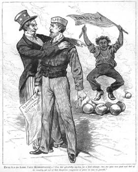 Uncle Sam (to Labor Party Representative)—‘You did splendidly, my boy, for a first attempt; but, for your own good and that of the country, get rid of that dangerous companion of yours as soon as possible.’ Anarchists were commonly depicted as a dangerous menace, leading workers astray, as in these late nineteenth-century American cartoons.