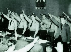 O’Duffy and followers give the raised-arm salute, c. 1933. (National Library of Ireland)