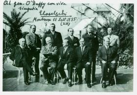 O’Duffy poses with members of the Committee of Action for the Universality of Rome (CAUR), a ‘fascist international’ including the leaders of the Austrian Heimwehr, the Norwegian Nasjonal Samling, Romanian Iron Guard and Spanish Falange, at a meeting in Montreaux in 1935. O’Duffy was appointed to its international secretariat.