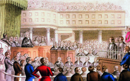 Sentence is passed on Thomas Francis Meagher, Terence B. McManus and Patrick O'Donoghue (standing in the dock to the right) at their trial at Clonmel, 22 October 1848. (Currier and Ives)