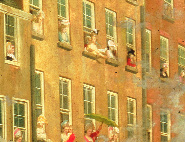 Detail showing women in the windows overlooking College Green wearing Volunteer colours, one in a Volunteer uniform. (National Gallery of Ireland)