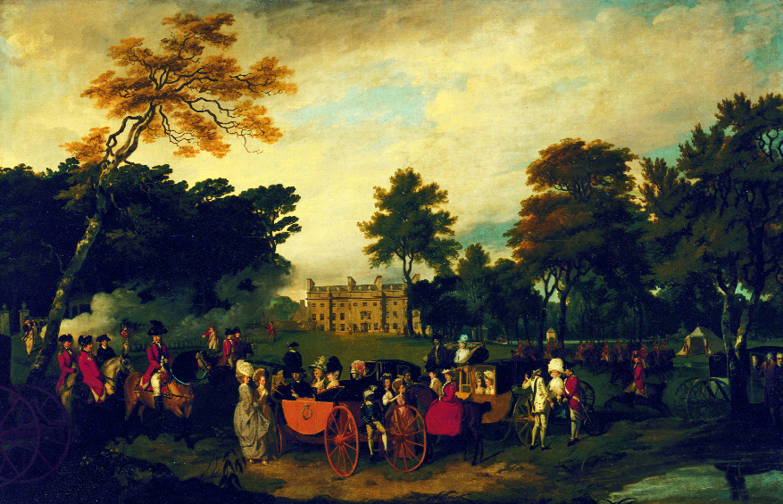In this Wheatley painting of the Stafford family at Belan House, the dowager Lady Adleborough (mounted, in red) is dressed in a colonel's uniform. (Waddesdon, Rothschild Collection)