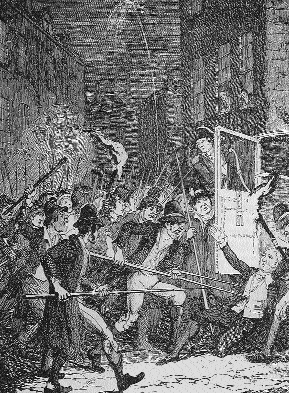 Detail from The murder of Lord Kilwarden by George Cruikshank. Note the solitary rocket to the left of the picture, Emmet's signal that countermanded the orders to rise. (National Library of Ireland)