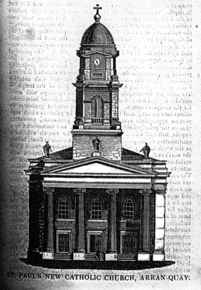 St Paul's as illustrated in the Catholic Penny Journal, 10 January 1835. Unlike the church that was actually built, the columns are fluted and the front doors of equal size.