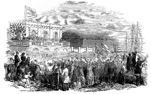 The 50th Foot, the first to leave for the Crimea, marching through Kingstown (Díºn Laoghaire) on their way to board the troopship Cumbria on 24 February 1854. (Illustrated London News, 4 March 1854)