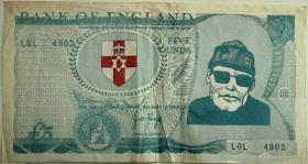 A 1970s UVF propaganda Bank of England ‘£5 note’ with Gusty Spence’s head replacing the queen’s.