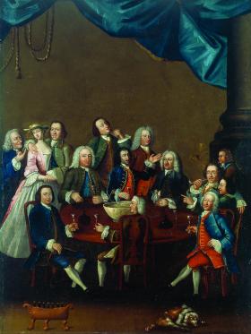 James Worsdale’s painting of the Hell-Fire Club, Limerick, which includes a self-portrait of the artist—the short man far left making eyes at the woman. Mrs Pilkington claimed that Worsdale tried to seduce her. (National Gallery of Ireland)