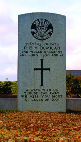 Grave of Private Donald Domican in the Church of Ireland cemetery, Belmullet. Two chevrons were found among his meagre belongings. He had recently been promoted to lance-corporal but died before sowing the insignia on to his uniform sleeves. (M. Kennedy)