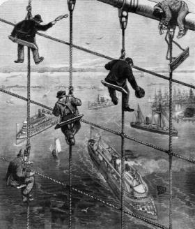 Workers lashing the stays of Brooklyn Bridge—not the city’s only claim to fame in the 1880s. (Frank Leslies’s Illustrated Newspaper, 28 April 1883) 