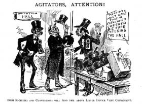 ‘Agitators, attention! Irish societies and conventions will find the above little device [bombs and ‘infernal machines’ on the table] very convenient.’ (Puck) 