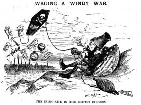 ‘Waging a windy war. The Irish kite [Irish independence] in the British kingdom.’ Attached is a pistol, a bomb, dynamite, ‘incendiary speech’, ‘down with England’, ‘murder the tyrants’, ‘arson’ and ‘assassination’. (Puck) 