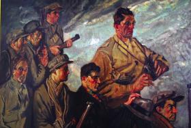 This version of Men of the South—almost identical to the original that had languished unfinished in Seán Keating’s Rathfarnham studio until acquired by the Douglas Hyde Collection in 1944—was purchased from the artist by Albert Woods KC and given as a gift to the author’s grandmother, Nora Moylan, who hung it on her sitting-room wall. The work depicts a group of ordinary men in pursuit of an ideal: (front, left to right) Michael Sullivan, John Jones, Roger Kiely, Dan Brown; (back, left to right) Jim O’Riordan, Denis O’Mullane, Jim Cashman and (with binoculars) Seán Moylan. (Moylan family)