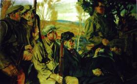 Seán Moylan didn’t want to be included in the second, better-known, version of the picture. Fearing that the July 1921 truce might not hold, he thought it unwise to provide the British with a picture of himself. Keating painted the figures one by one and later observed critically that the new picture was not as coherent as the first because of the resulting piecemeal approach. (Crawford Municipal Art Gallery)