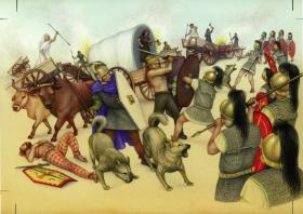Reconstruction of the battle of Vercellae, 101 BC, where Roman troops faced the Celto-Germanic Cimbri—and their dogs, according to ancient accounts. (Katriona Chapman)