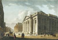 The Royal Exchange (now City Hall), built in the 1770s facing Parliament Street (off picture, to the left), the first street to be laid out by the Wide Streets Commission, the earliest modern urban planning authority in Europe. (National Library of Ireland)